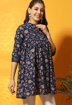 Digital Printed Cotton Straight Kurti in Navy Blue