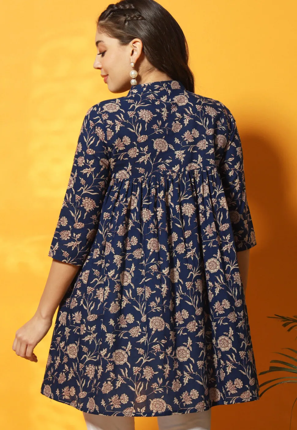 Digital Printed Cotton Straight Kurti in Navy Blue