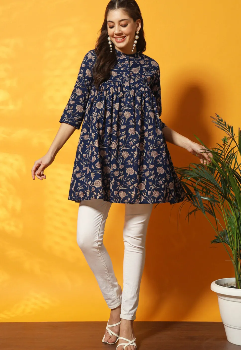 Digital Printed Cotton Straight Kurti in Navy Blue