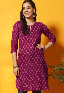 Digital Printed Cotton Straight Kurti in Purple