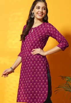 Digital Printed Cotton Straight Kurti in Purple