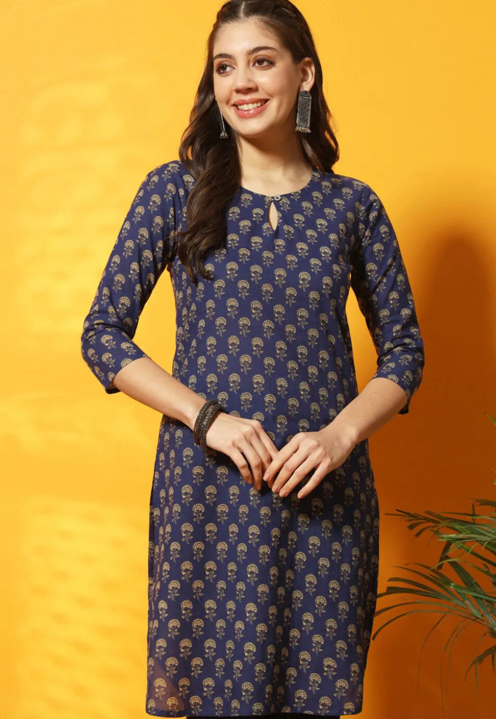 Digital Printed Cotton Straight Kurti in Navy Blue