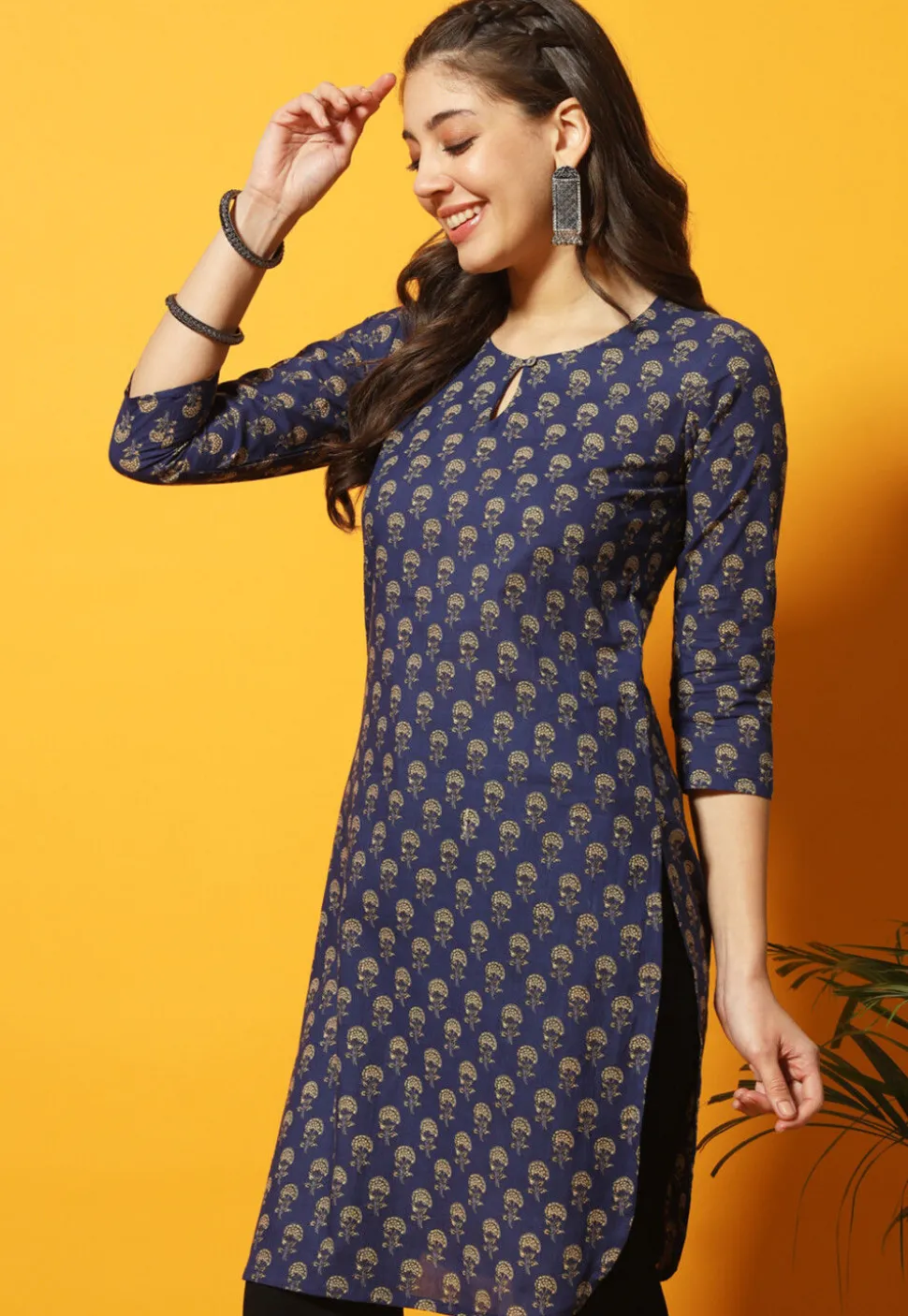 Digital Printed Cotton Straight Kurti in Navy Blue