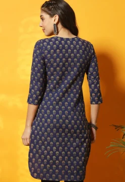 Digital Printed Cotton Straight Kurti in Navy Blue