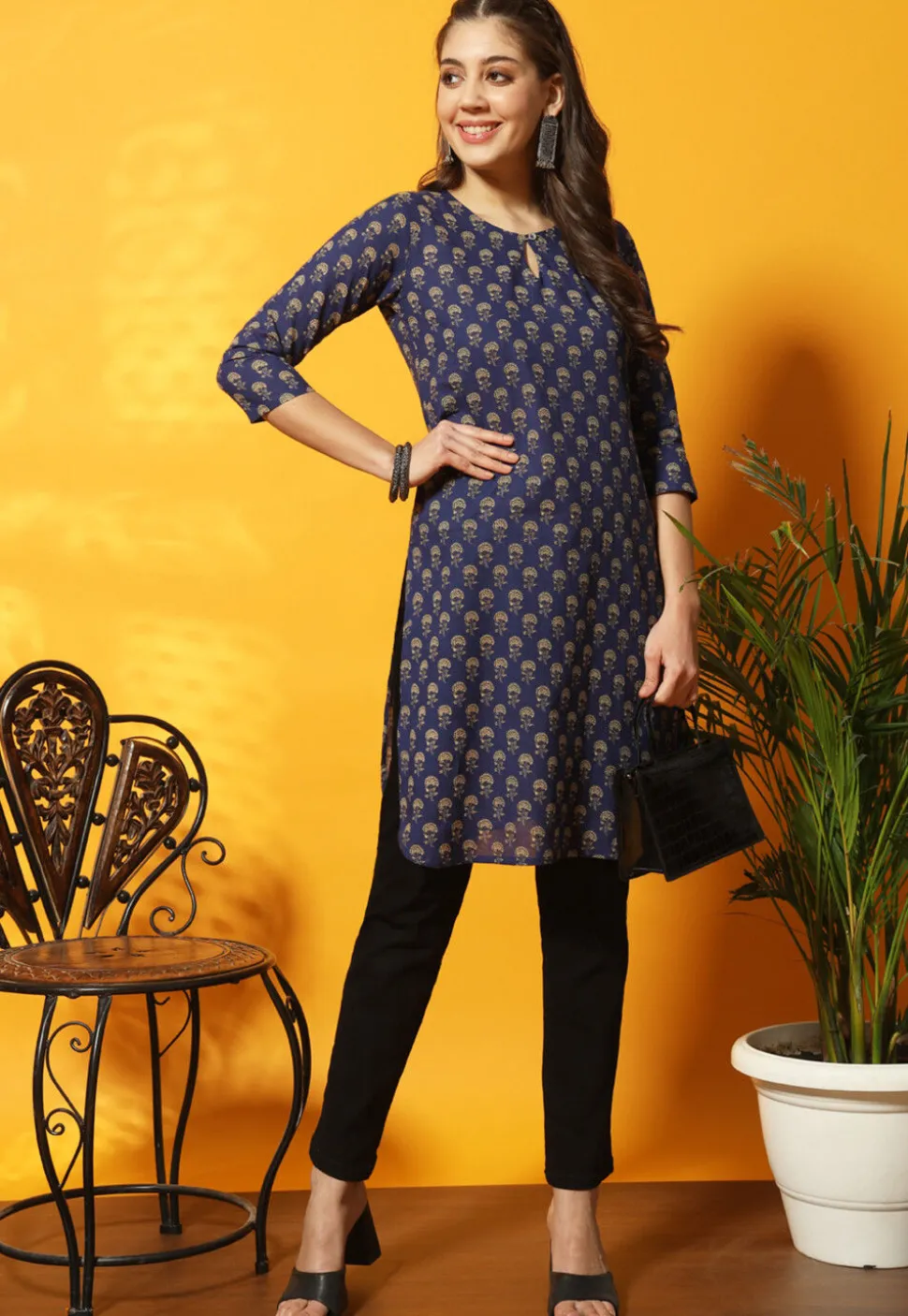 Digital Printed Cotton Straight Kurti in Navy Blue