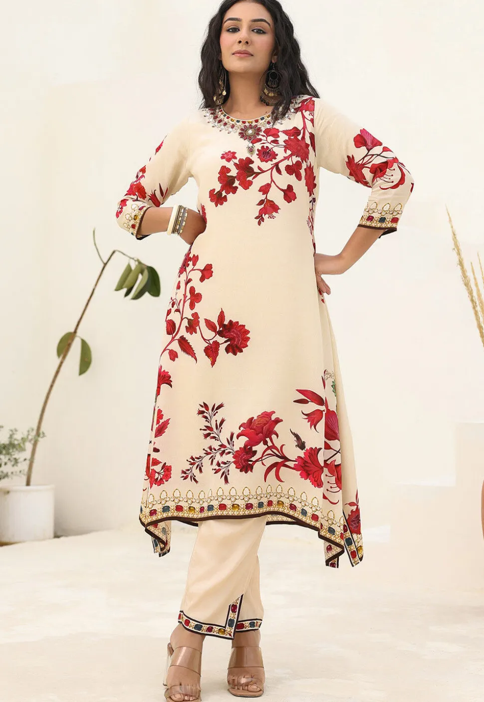 Digital Printed Crepe A Line Kurta Set in Cream