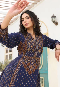 Digital Printed Crepe A Line Kurta Set in Navy Blue