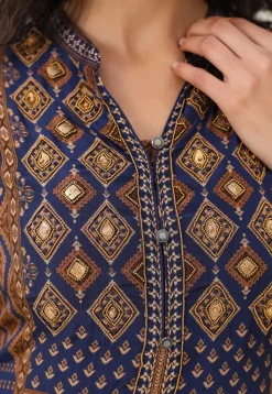 Digital Printed Crepe A Line Kurta Set in Navy Blue