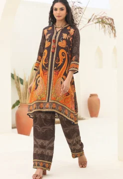 Digital Printed Crepe A Line Kurta Set in Brown