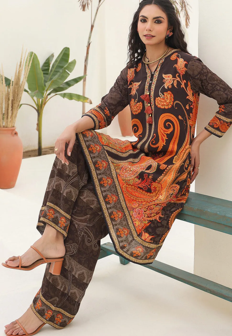 Digital Printed Crepe A Line Kurta Set in Brown