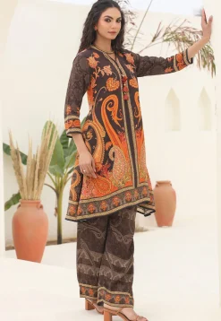 Digital Printed Crepe A Line Kurta Set in Brown
