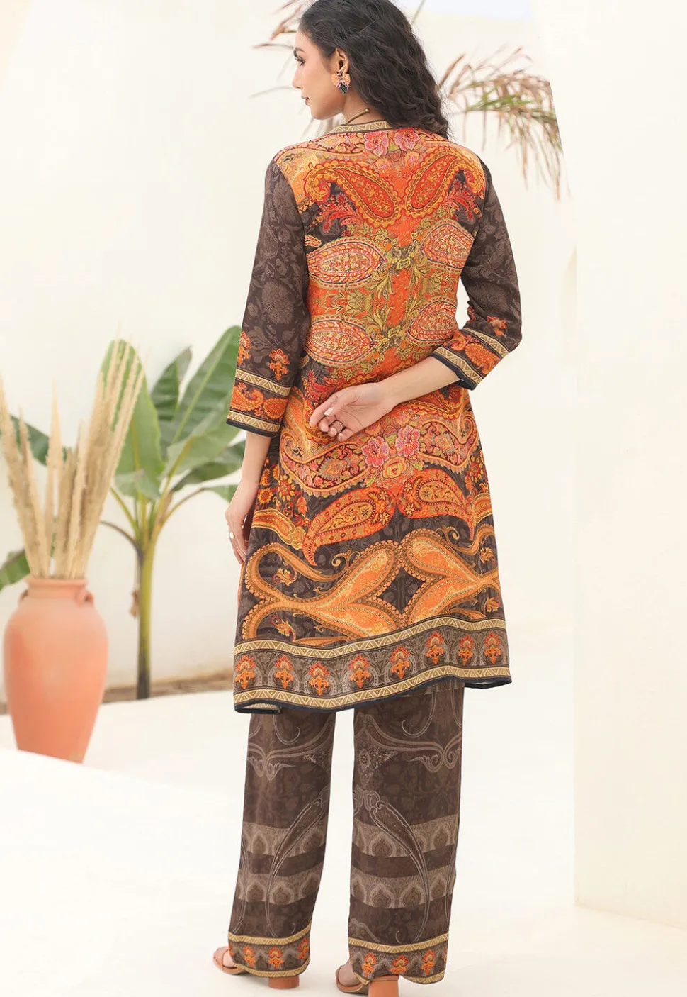 Digital Printed Crepe A Line Kurta Set in Brown
