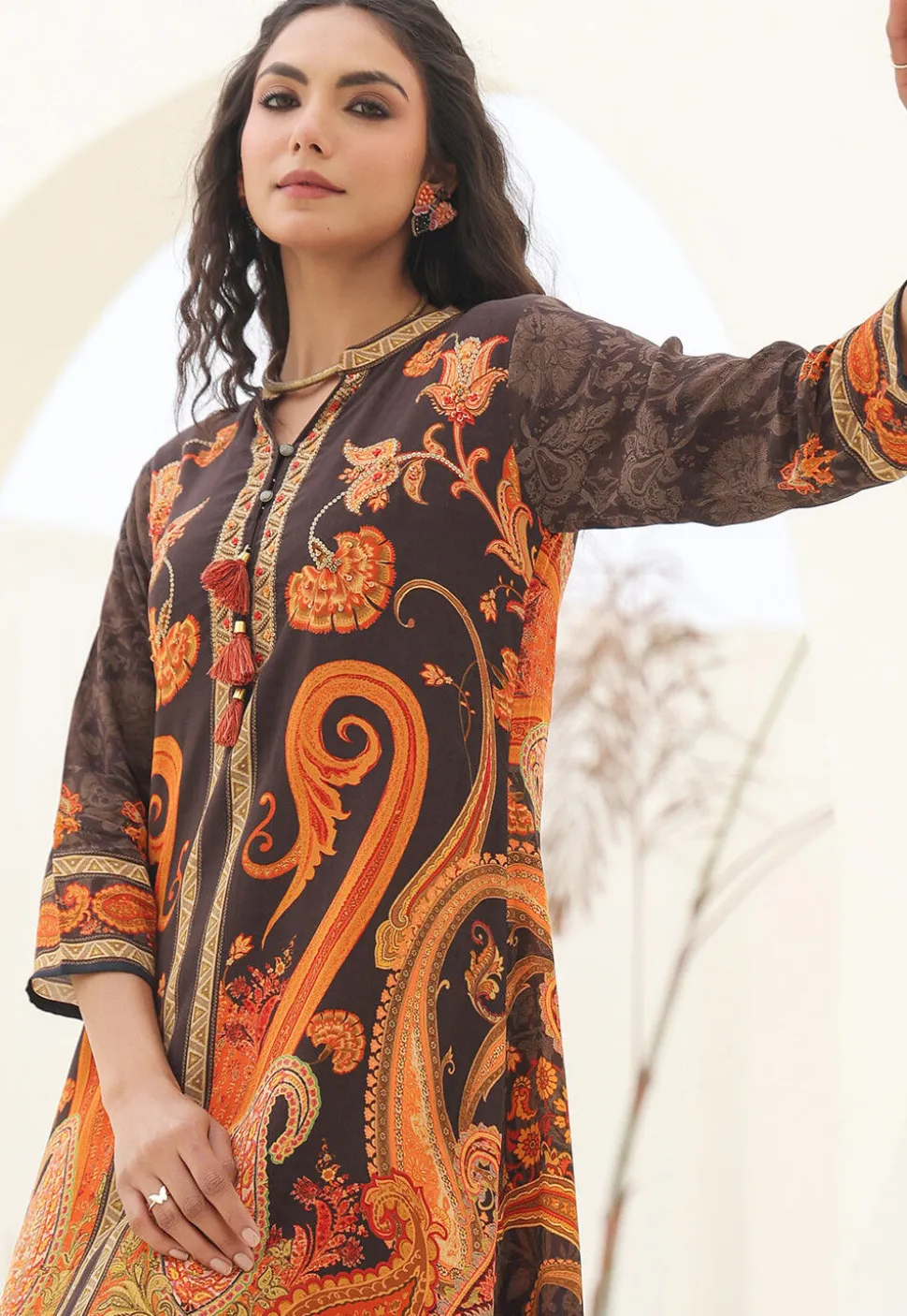 Digital Printed Crepe A Line Kurta Set in Brown