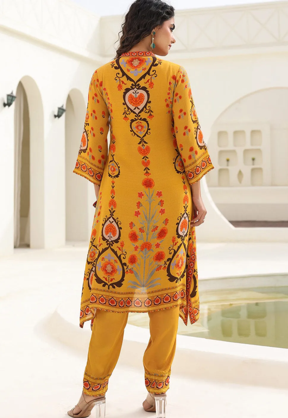 Digital Printed Crepe A Line Kurta Set in Mustard