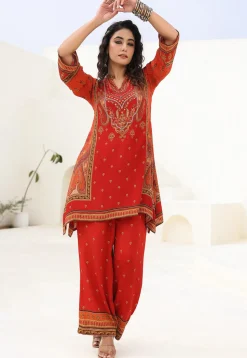 Digital Printed Crepe A Line Kurta Set in Red