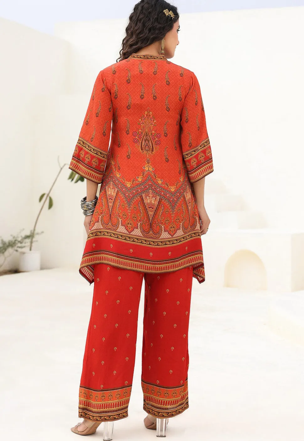 Digital Printed Crepe A Line Kurta Set in Red