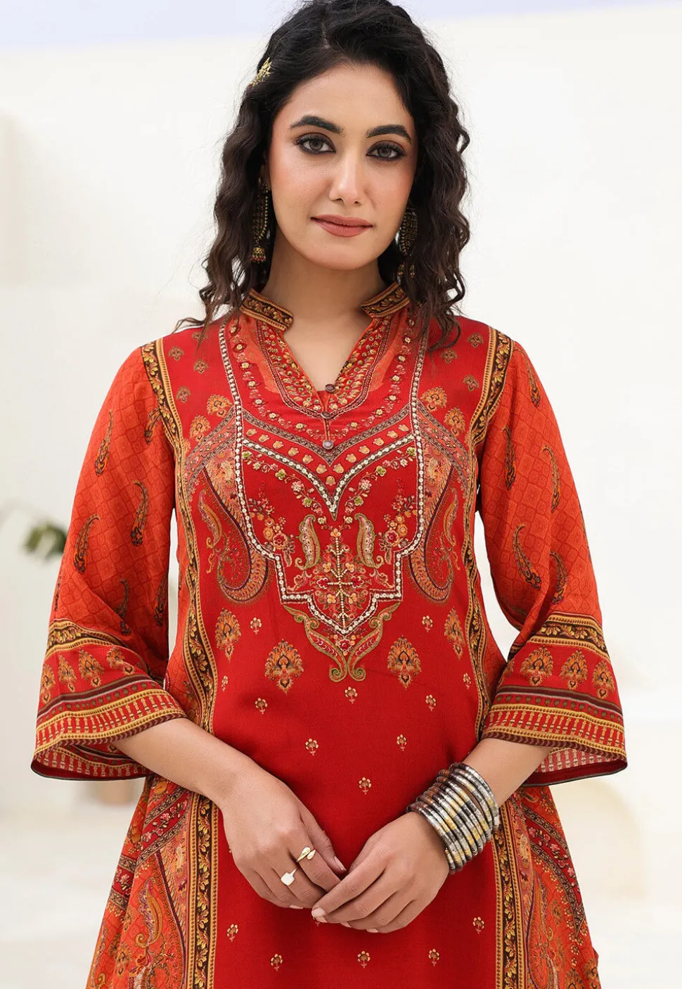 Digital Printed Crepe A Line Kurta Set in Red