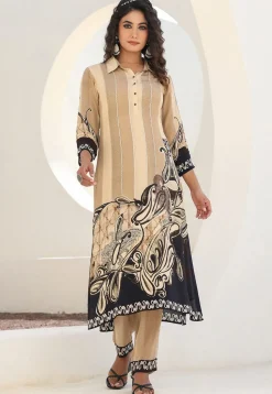 Digital Printed Crepe A Line Kurta Set in Light Beige