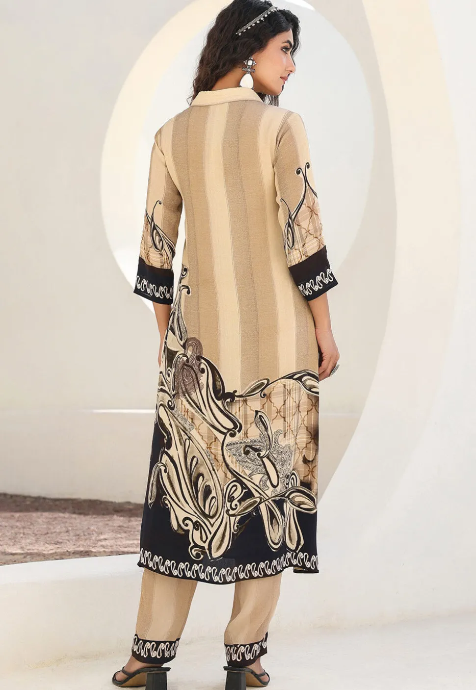 Digital Printed Crepe A Line Kurta Set in Light Beige