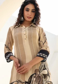 Digital Printed Crepe A Line Kurta Set in Light Beige