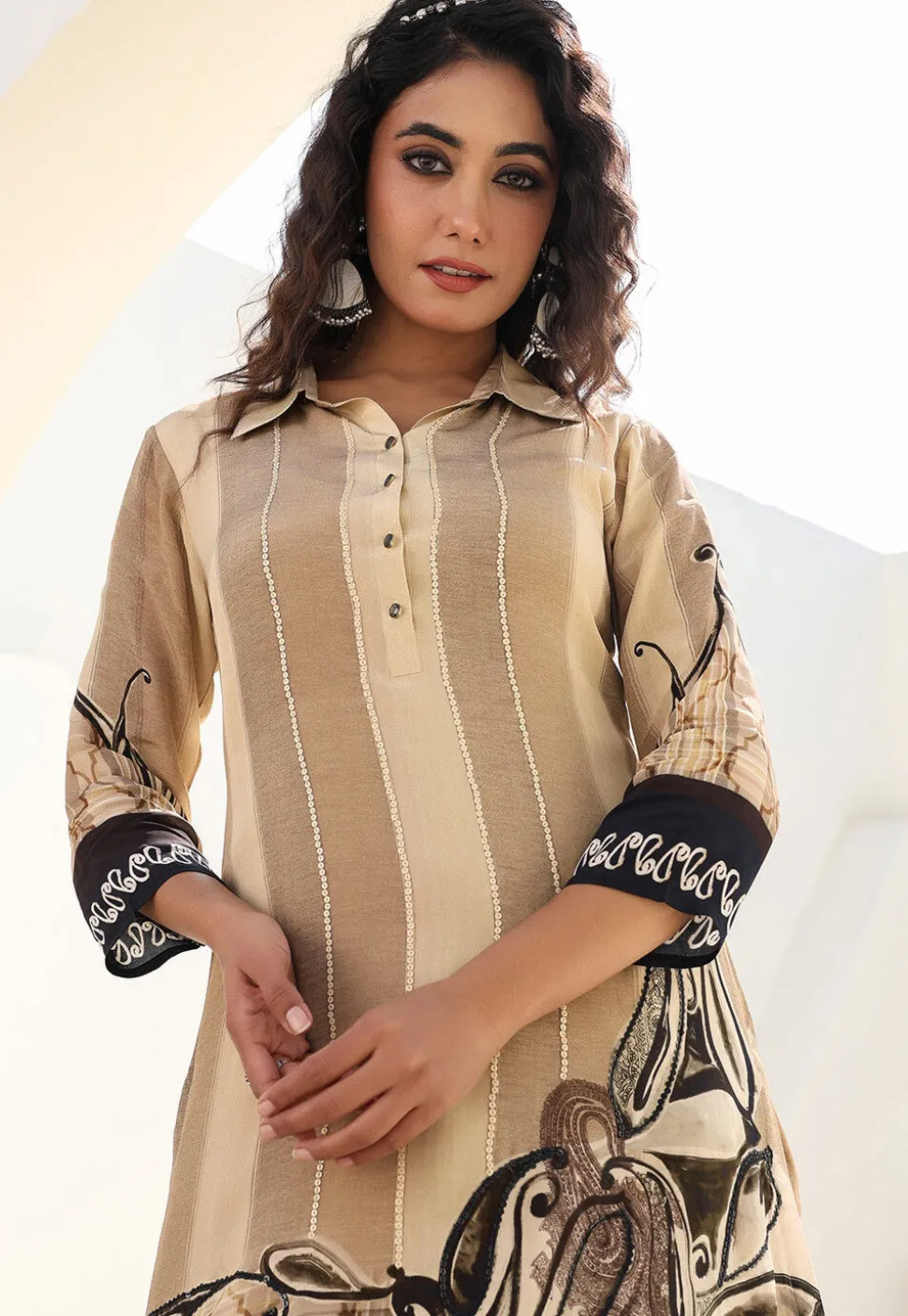 Digital Printed Crepe A Line Kurta Set in Light Beige