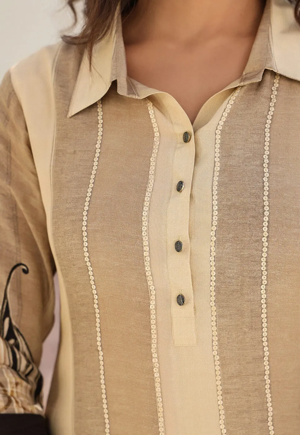 Digital Printed Crepe A Line Kurta Set in Light Beige
