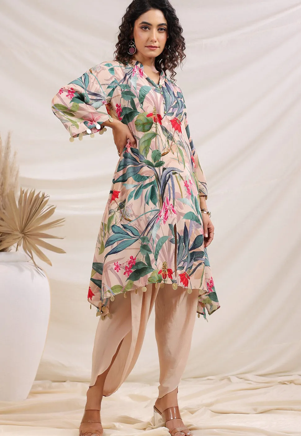 Digital Printed Crepe A Line Kurta Set in Light Fawn