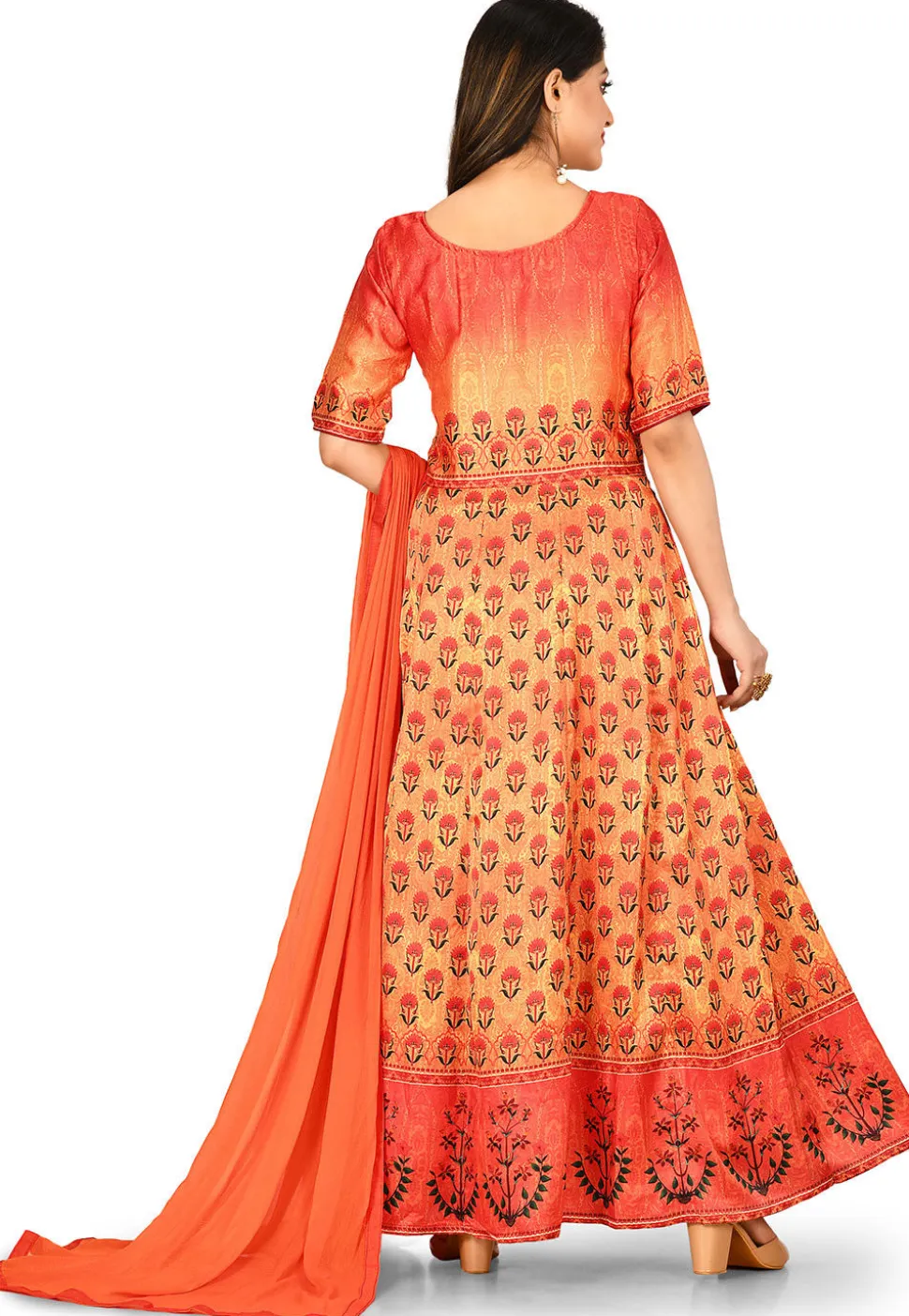 Digital Printed Crepe Abaya Style Suit in Orange