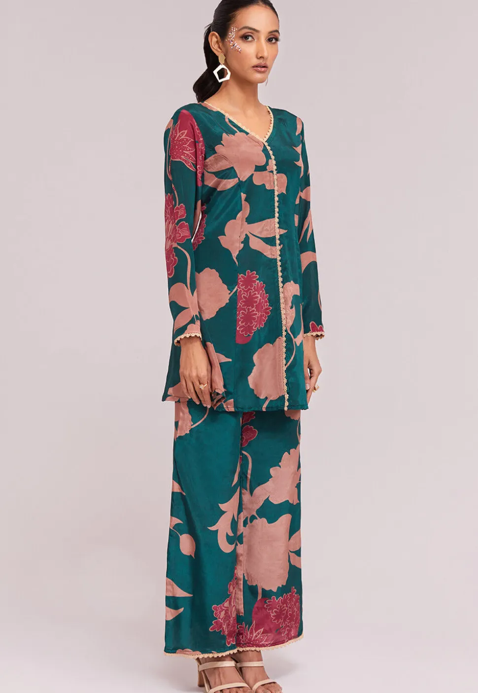Digital Printed Crepe Co Ord Set in Teal Blue