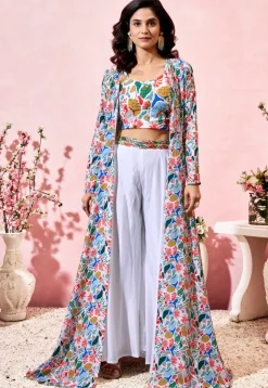 Digital Printed Crepe Crop Top Set in Off White