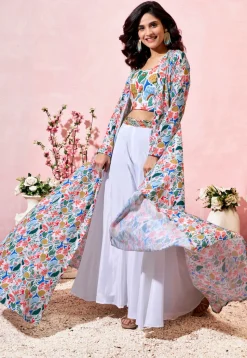 Digital Printed Crepe Crop Top Set in Off White