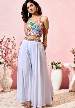 Digital Printed Crepe Crop Top Set in Off White
