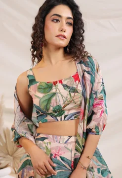 Digital Printed Crepe Crop Top Set in Multicolor