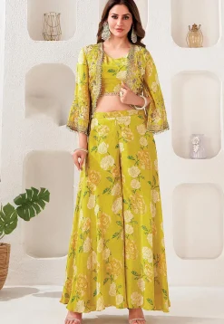 Digital Printed Crepe Crop Top Set in Light Green