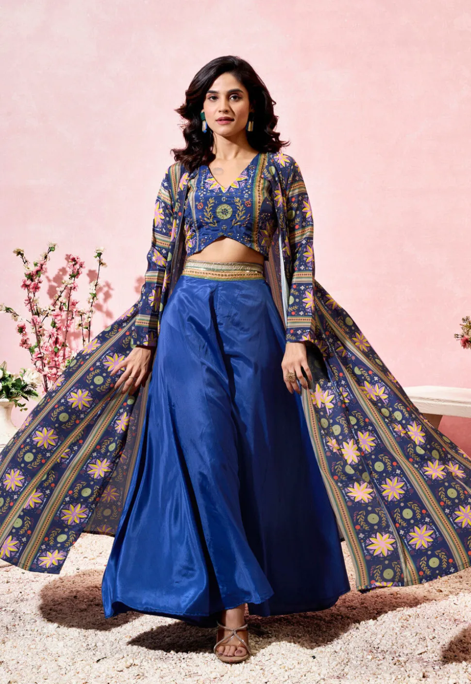 Digital Printed Crepe Crop Top Set in Dark Blue