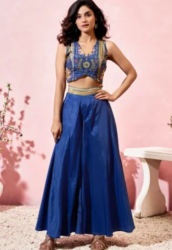 Digital Printed Crepe Crop Top Set in Dark Blue