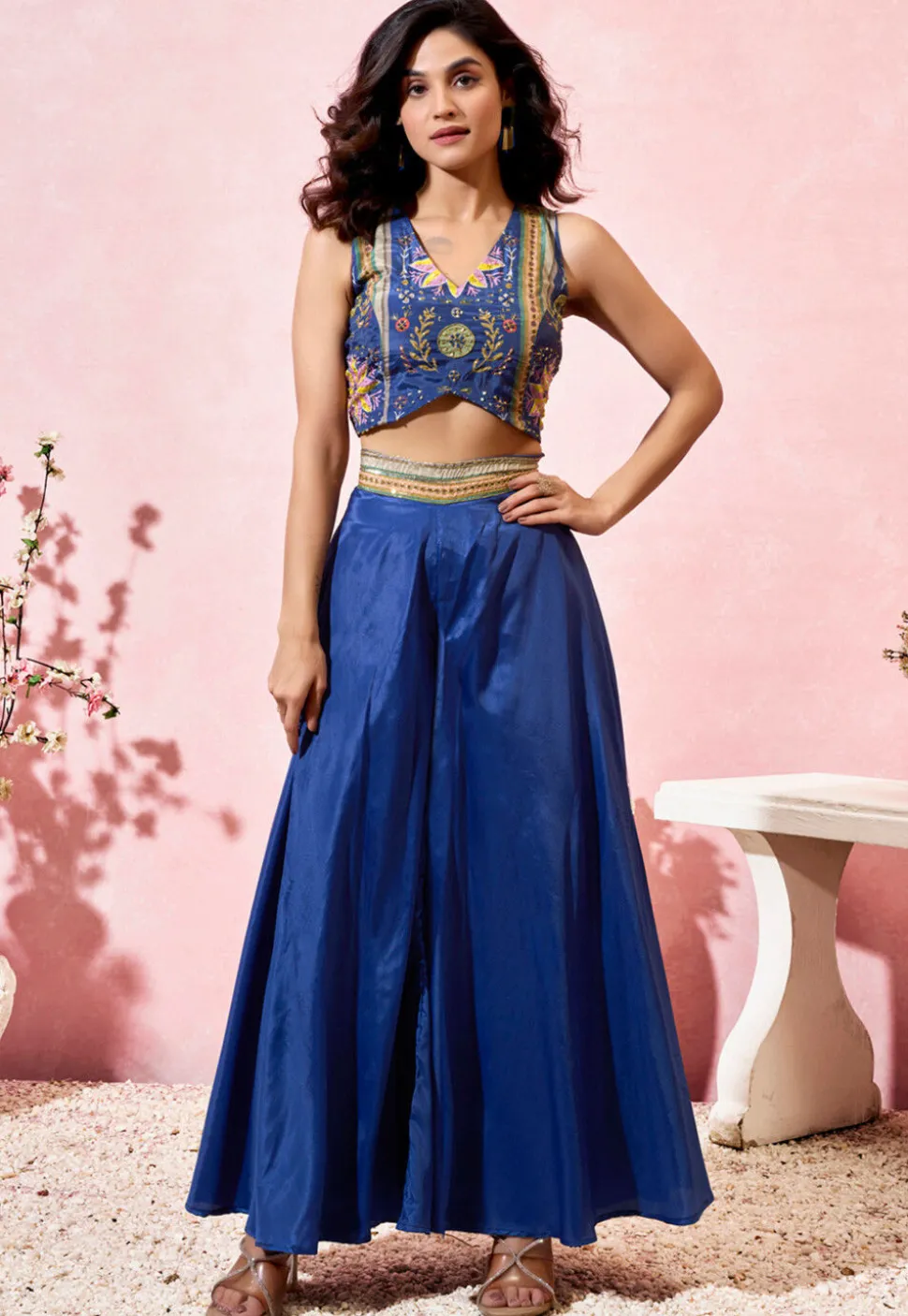 Digital Printed Crepe Crop Top Set in Dark Blue