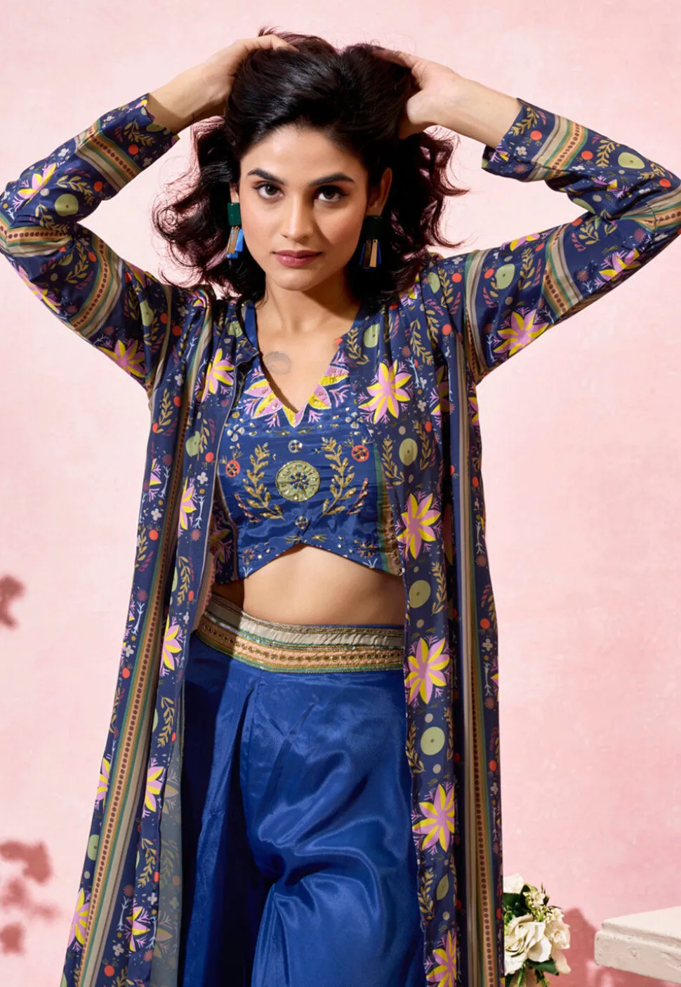 Digital Printed Crepe Crop Top Set in Dark Blue