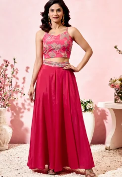 Digital Printed Crepe Crop Top Set in Fuchsia