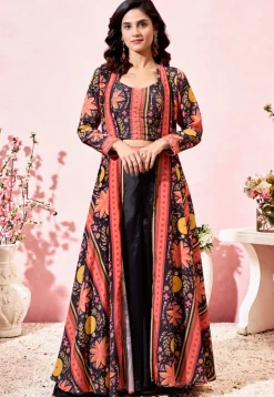 Digital Printed Crepe Crop Top Set in Black