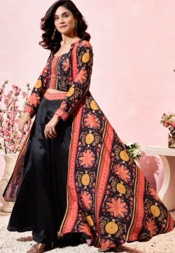 Digital Printed Crepe Crop Top Set in Black