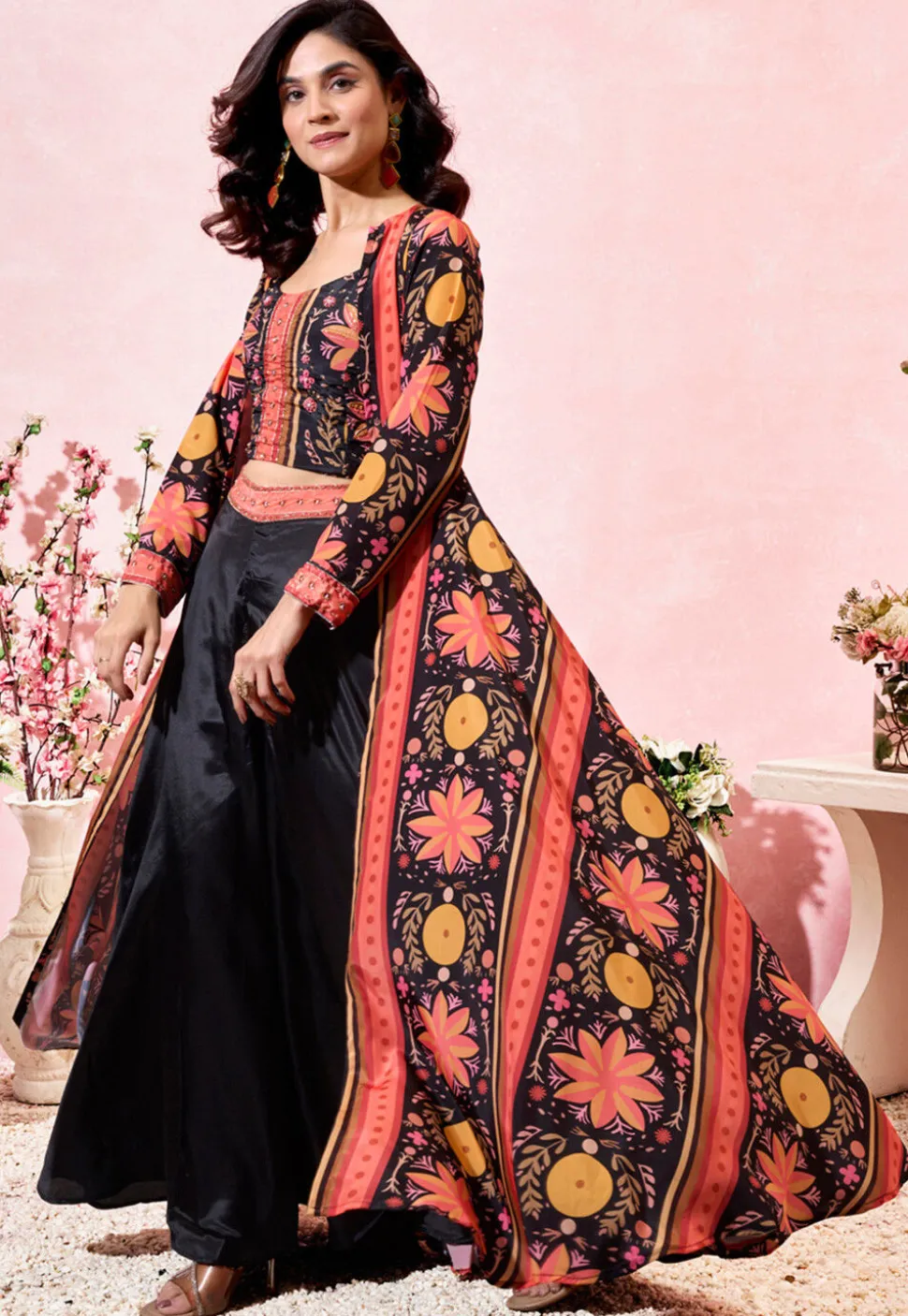 Digital Printed Crepe Crop Top Set in Black