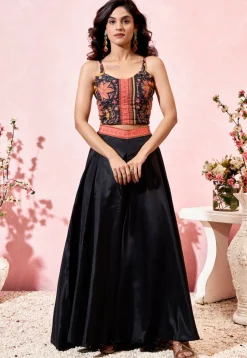 Digital Printed Crepe Crop Top Set in Black