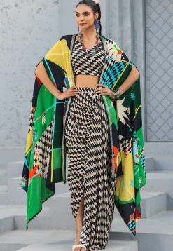 Digital Printed Crepe Crop Top Set in Cream and Black