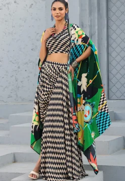 Digital Printed Crepe Crop Top Set in Cream and Black