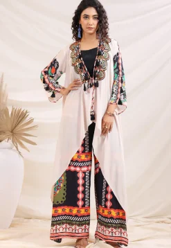 Digital Printed Crepe Crop Top Set in Black