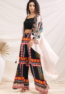 Digital Printed Crepe Crop Top Set in Black