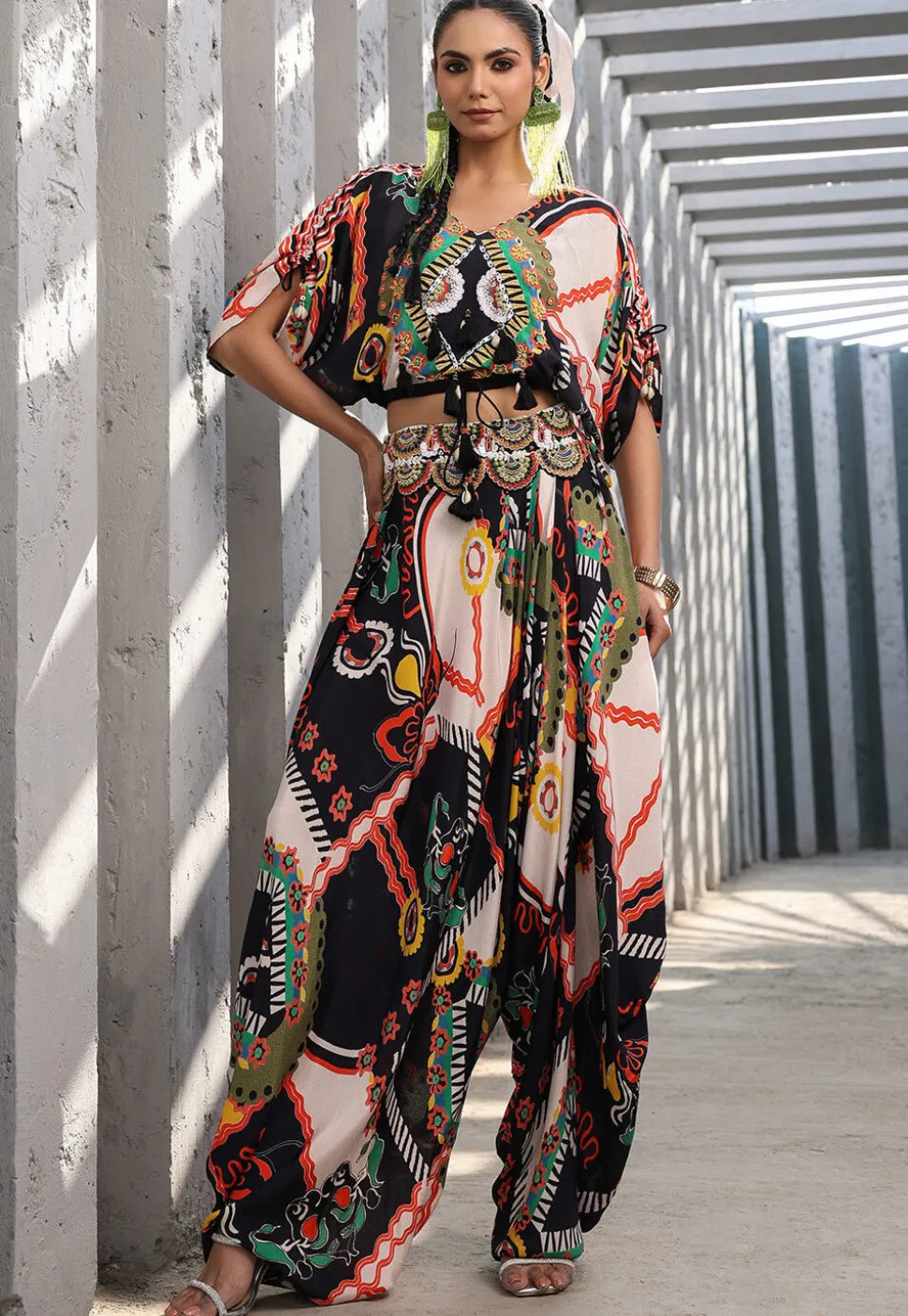 Digital Printed Crepe Crop Top Set in Multicolor