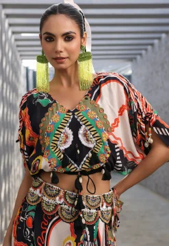 Digital Printed Crepe Crop Top Set in Multicolor