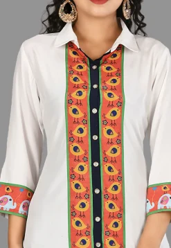 Digital Printed Crepe High Low Kurta in White